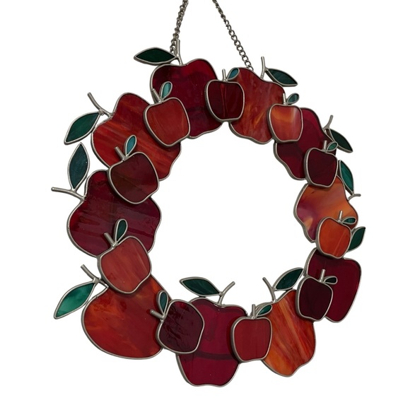 Vintage 90s Stained Glass Style Apple Wreath Window Hanging Suncatcher - Picture 3 of 9